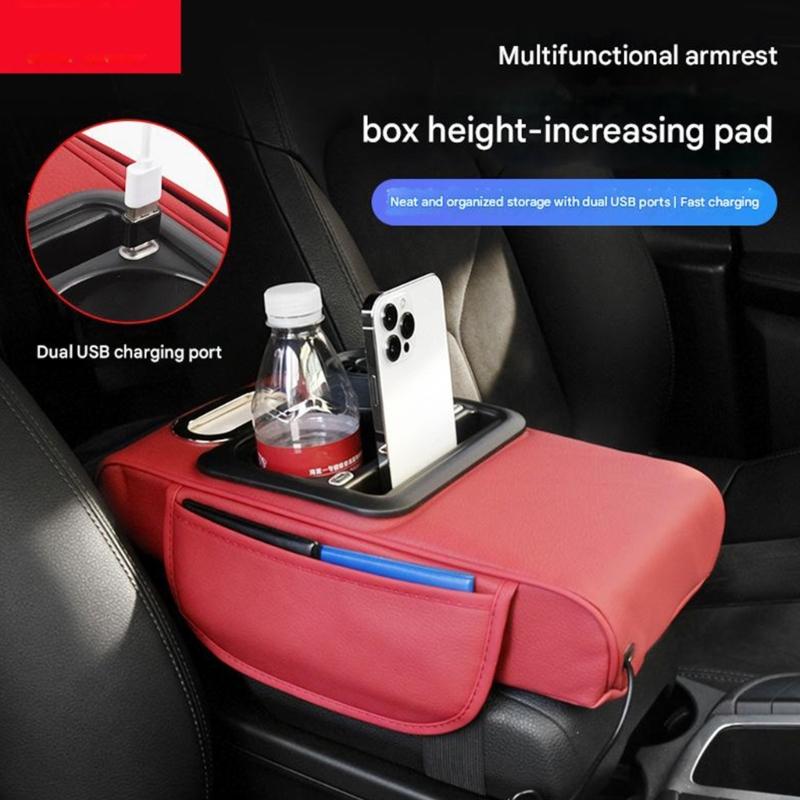 Multifunctional Auto Armrest Box Pad Leather Cushion with 2 Fast Charging USB Port And Storage Space