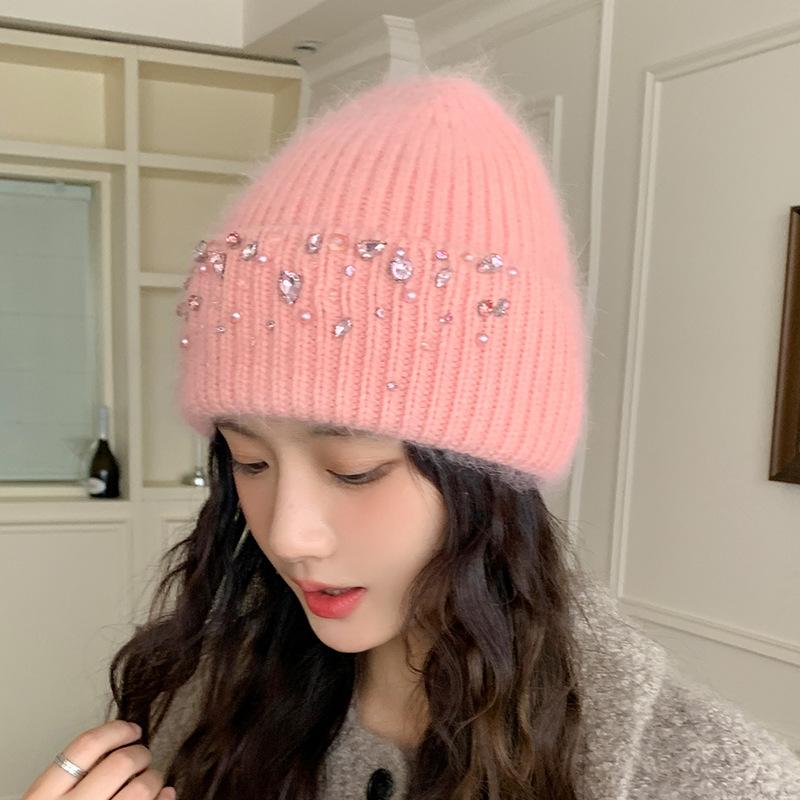 Knitted Hat Women's Winter Thickened Warm Ear Protection Hat Rhinestone Wool Hat Winter Hats for Women, Beanies for Women, Hats for Women Winter