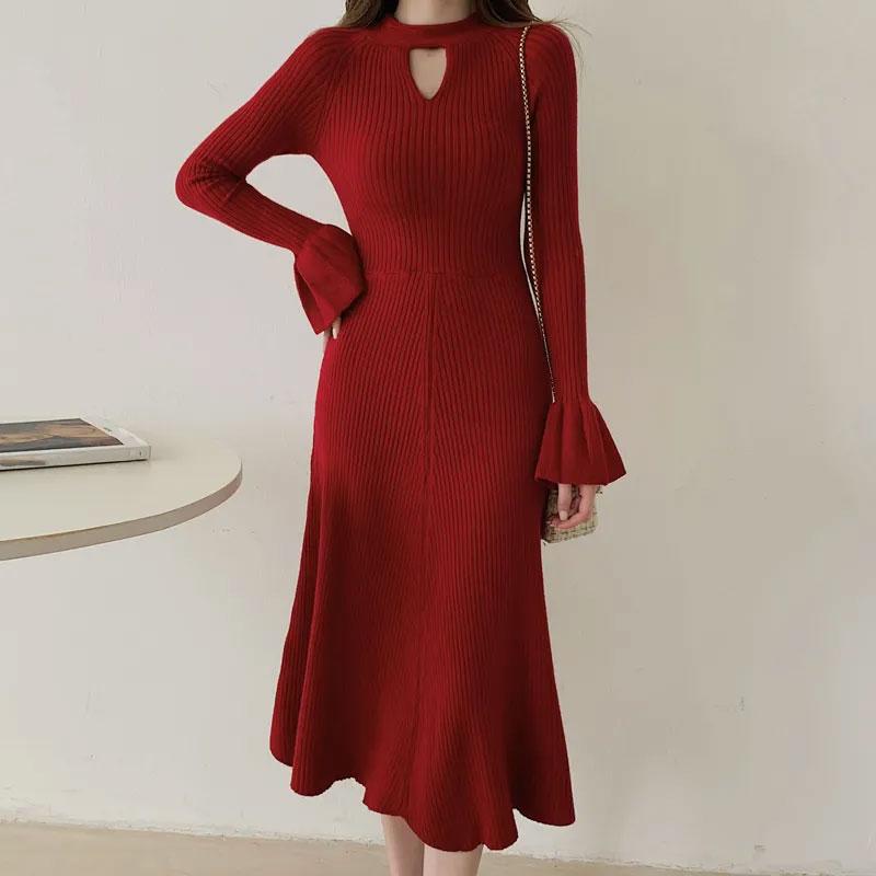 Women's Knitted Dress Long Sleeves Half Turtleneck Sweater Dress Hollow Fashion Clothing Autumn Winter