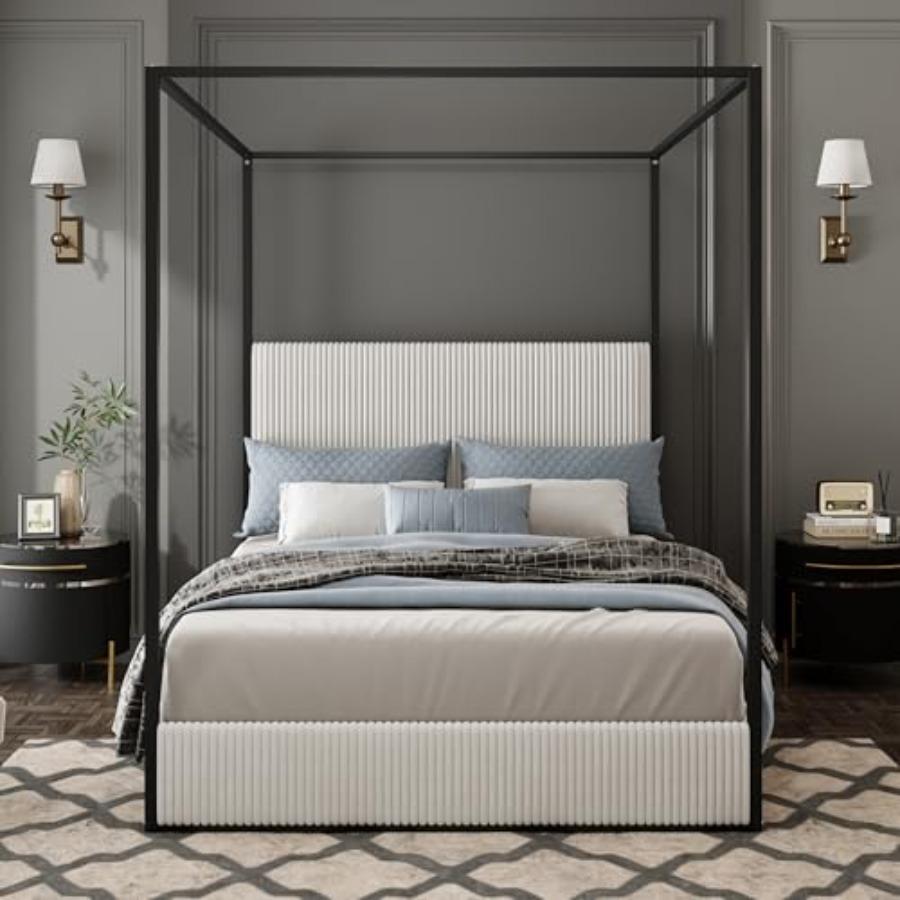 Queen Size Upholstered Canopy Bed, Metal 4 Poster Platform Bed with Tall Corduroy Headboard, Canopy Bed Frame with Wood Slats S черный белый
