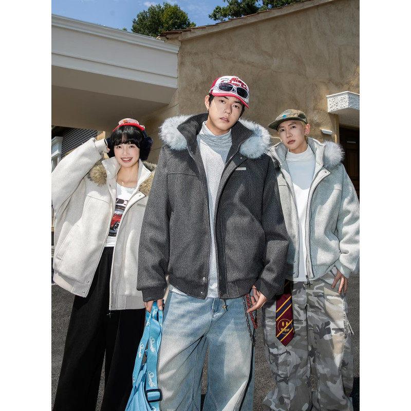 Unisex Retro Fur Collar Hooded Cotton Jacket - Winter Warm Thickened Outerwear