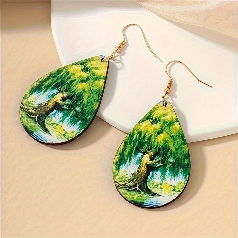 A Pair of Water Drop Print Earrings Atmospheric Retro Elegant Wooden Earrings