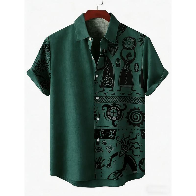 Men's New Ethnic Style Tribal Pattern 3D Printed Shirt Hawaiian Tropical Short-sleeved Linen Breathable Outdoor Clothes for Men