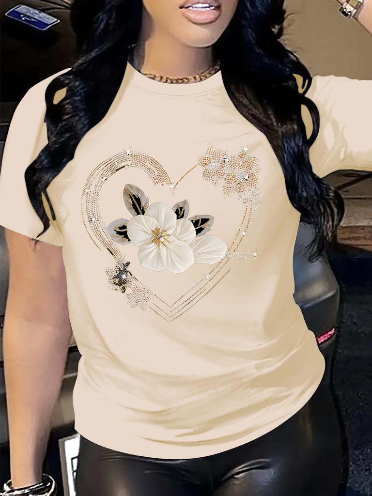 Women's Casual Short Sleeve T-Shirt Comfort Fit with Heart Floral Print Simple Design Showing Natural And Elegant Style