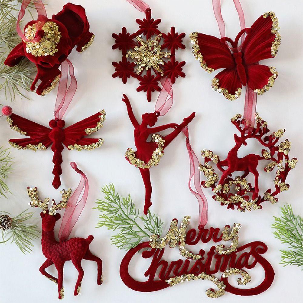 Red Xmas Tree Ornament Flocked Hanging Ornaments New Christmas Tree Pendant  Merry Christmas