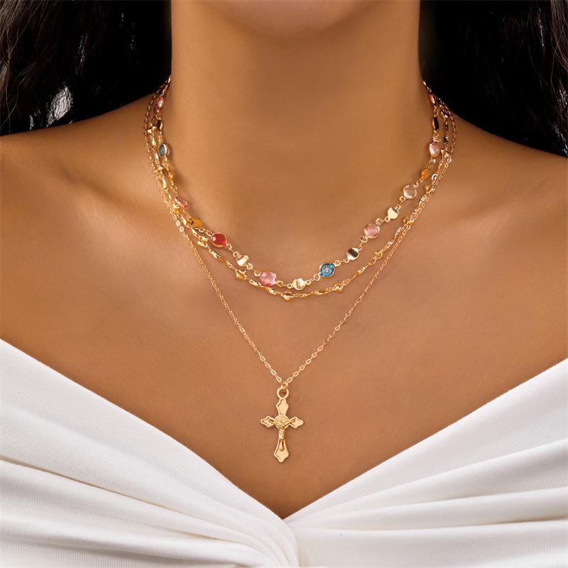 European & American Vacation Style Multi-Layer Gold Cross Long Necklace for Women