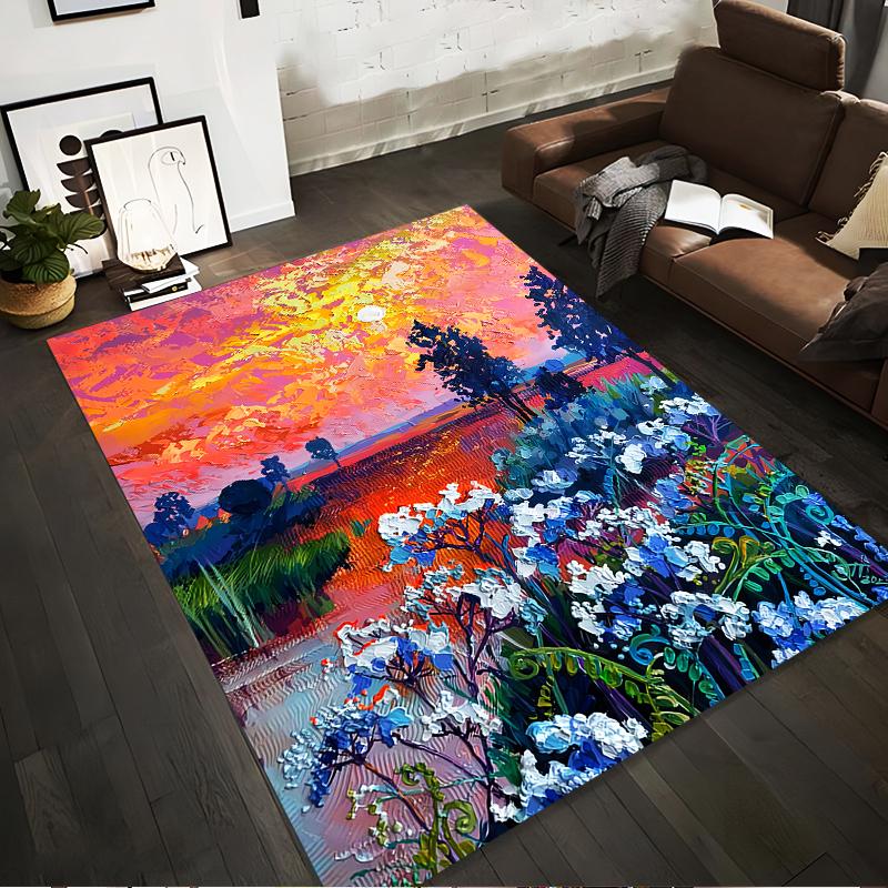 Colorful Sunset Landscape Carpet with Flowers and Artistic Design Suitable for use as an anti-slip for living room bedroom sofas