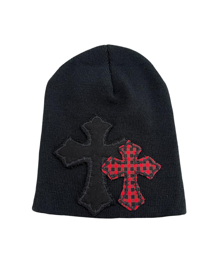 SK8ER ROCK Double Cross Patchwork Beanie ((Black))