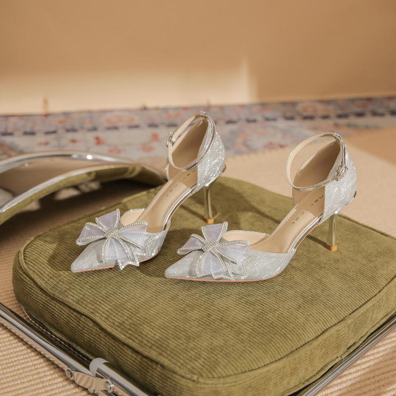 8217-1 High heels women's 2025 new pointed crystal wedding shoes rhinestone bow thin heel shallow mouth single shoes