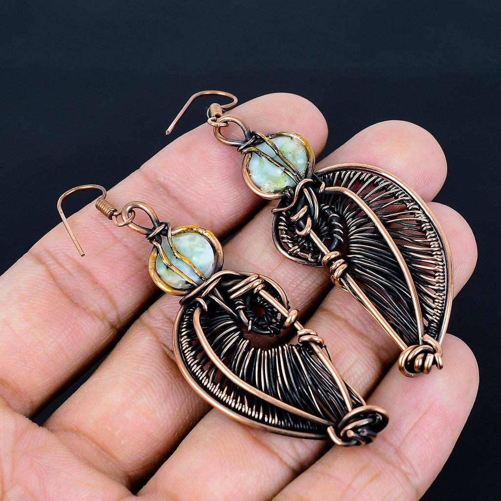 Larimar Earrings, 999 Copper Wire Wrapped  Jewelry, Gemstone Earrings, Gift For Her Handmade Dainty Jewelry