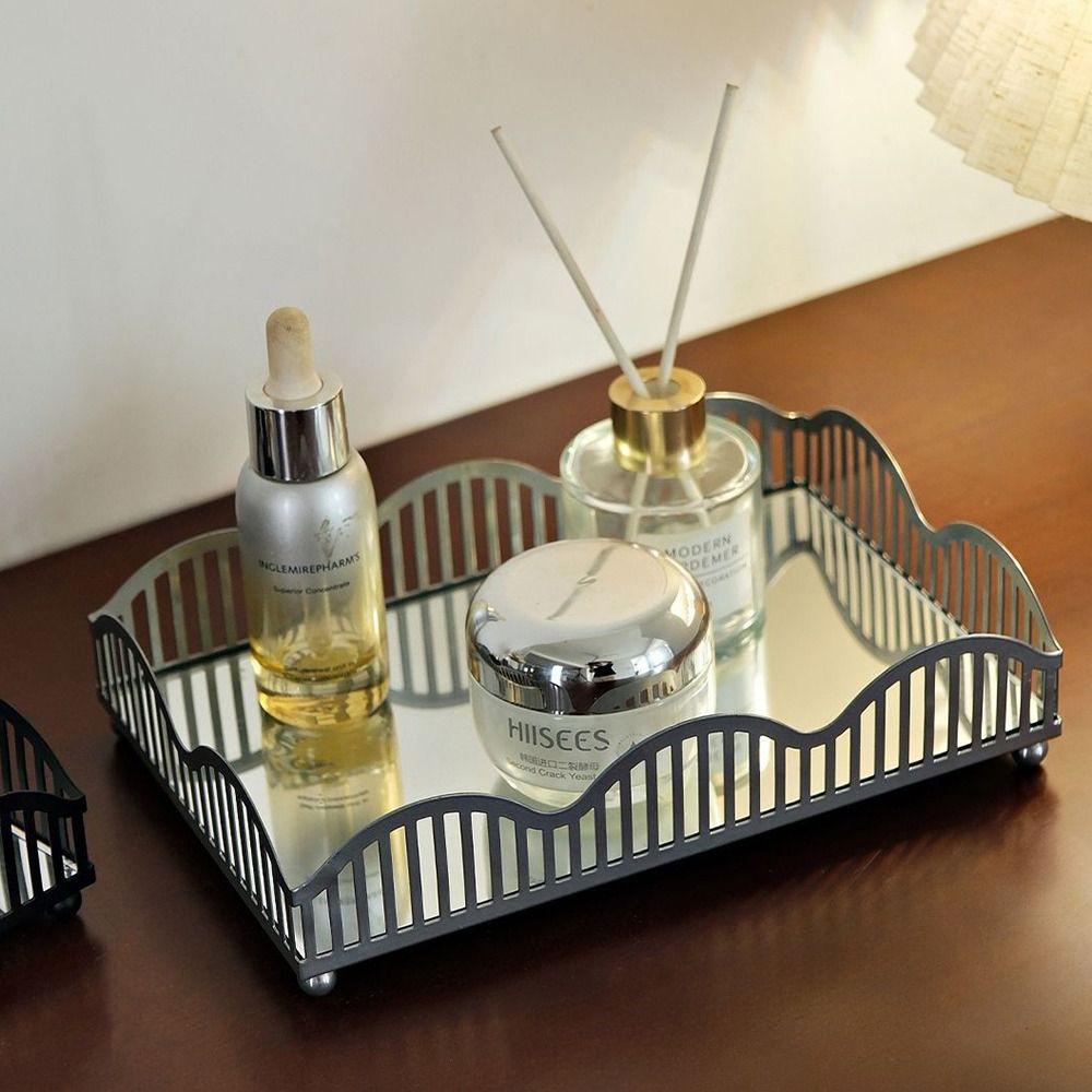 Exquisite Metal Storage Tray with Glass Mirror Bathroom Sundries Organizer Home Decorations