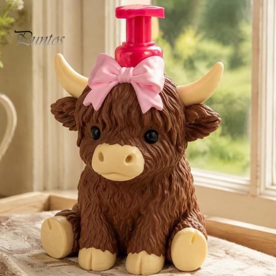 Durable Soap Dispenser Highland Cow Dispenser, Pink Bow Cattle Refillable Hand Empty Bottle, Plastic Pump Bottle for Bathroom, Housewarming
