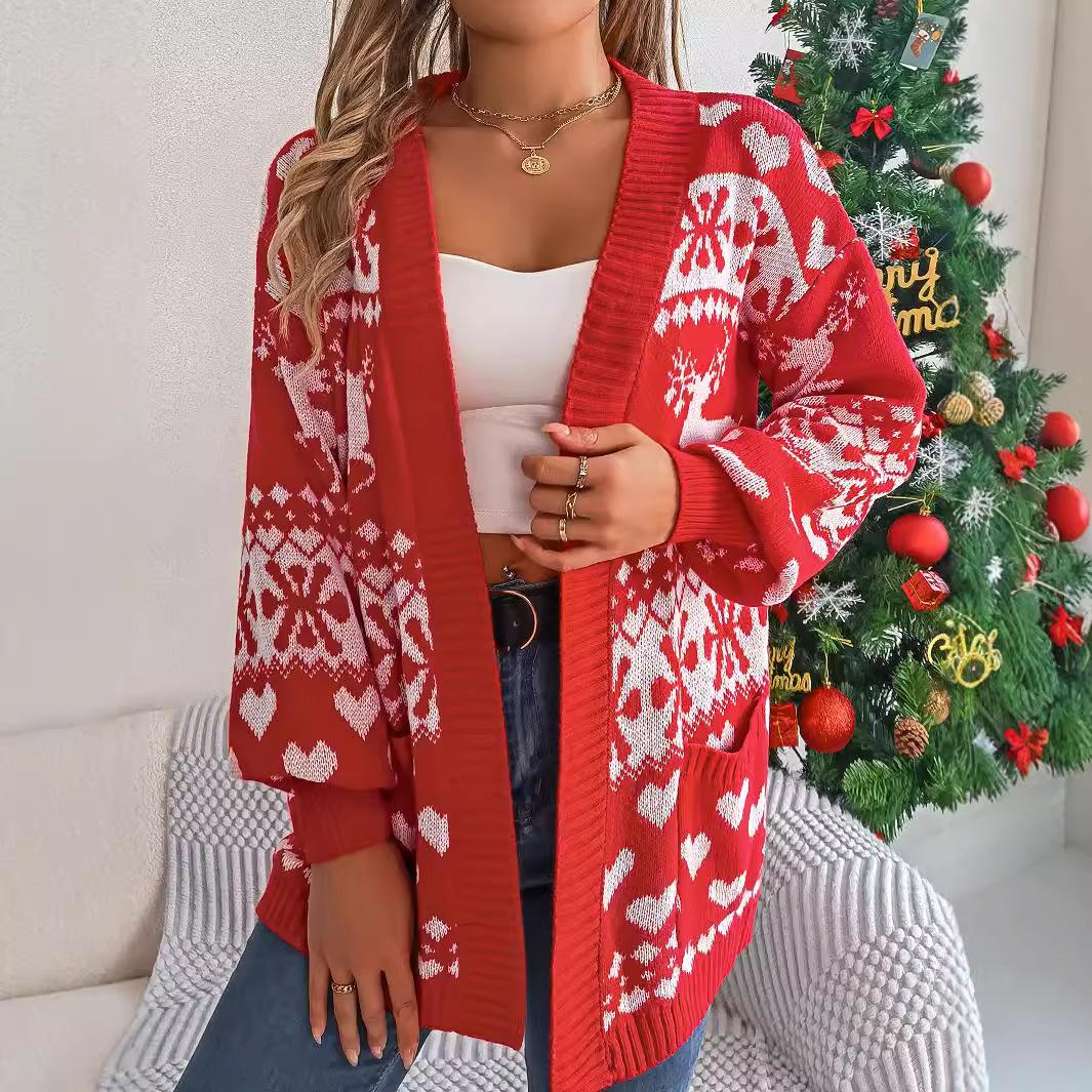 

QICED Autumn Winter Christmas Reindeer Pocket Long-sleeved Cardigan Sweater Coat Women s Wear S красный