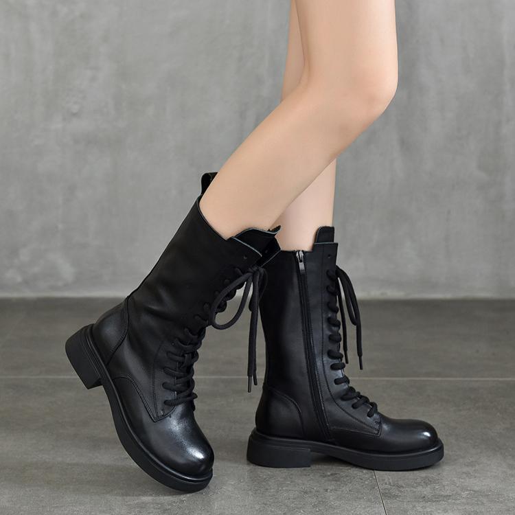 Johnature Genuine Leather Mid-calf Boots Plush Cotton Boots British Style Lace Up Women's Boots