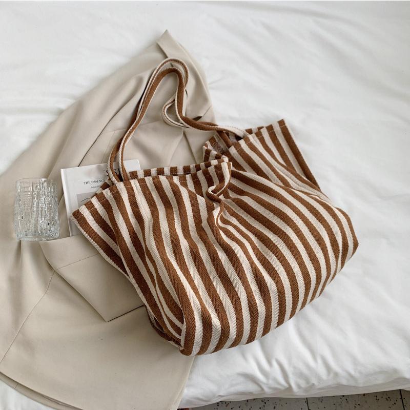 

Yogodlns большая вместительная холщовая сумка для женщин, модная полосатая сумка на плечо, новая сумка с ручкой сверху, дорожная сумка, сумка для покупок 36*25*30cm коричневый