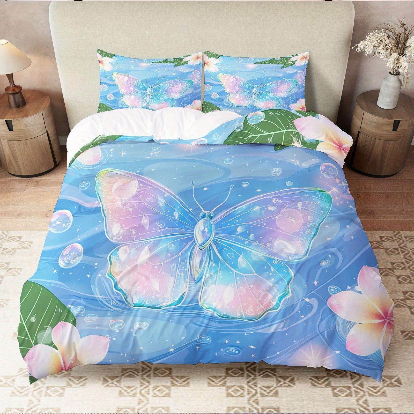 

3pcs Duvet Cover Set Butterfly Tropical Flowers Bubbles Water Surface Stars Theme Bedding Set Suitable for Decoration Bedroom EU Twin(135x200cm)