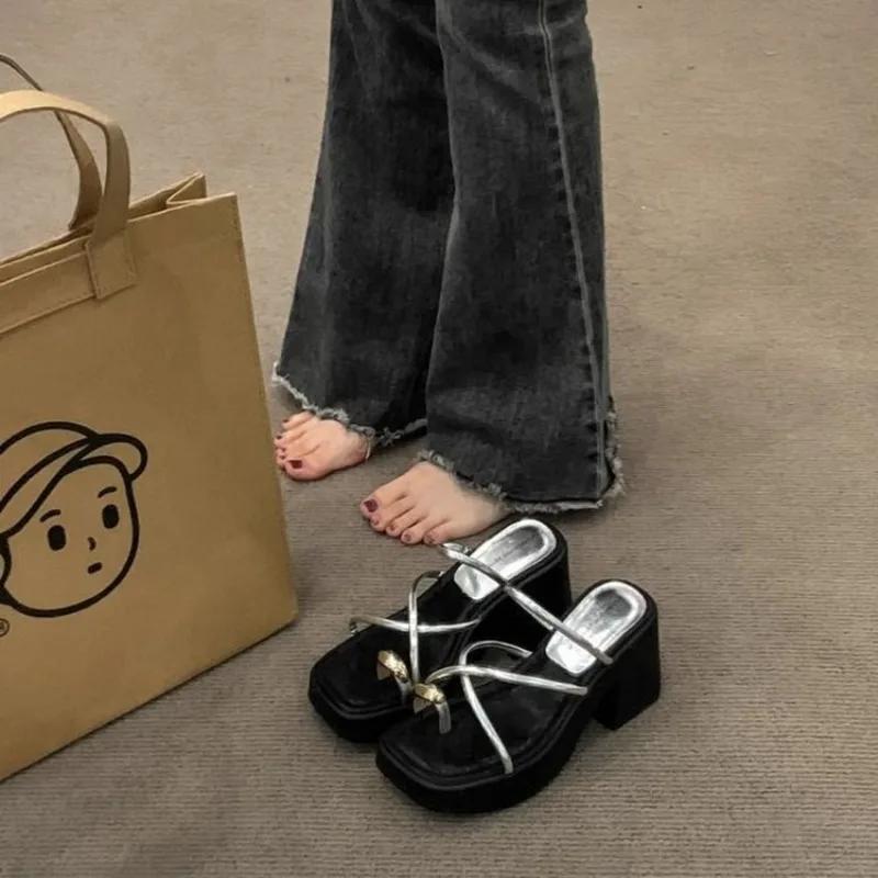 Ladies Shoes Set of Toes Women's Slippers Fashion Metal Decoration Dress Slippers Women Summer Square Toe Platform Slippers