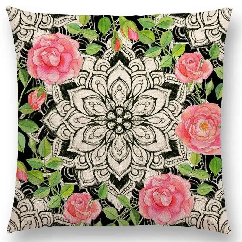 New Vivid Art Colorful Flowers Gorgeous Floral Doodle Geometry Mandala Coral Wonderland Pattern Car Cushion Cover Pillow Case