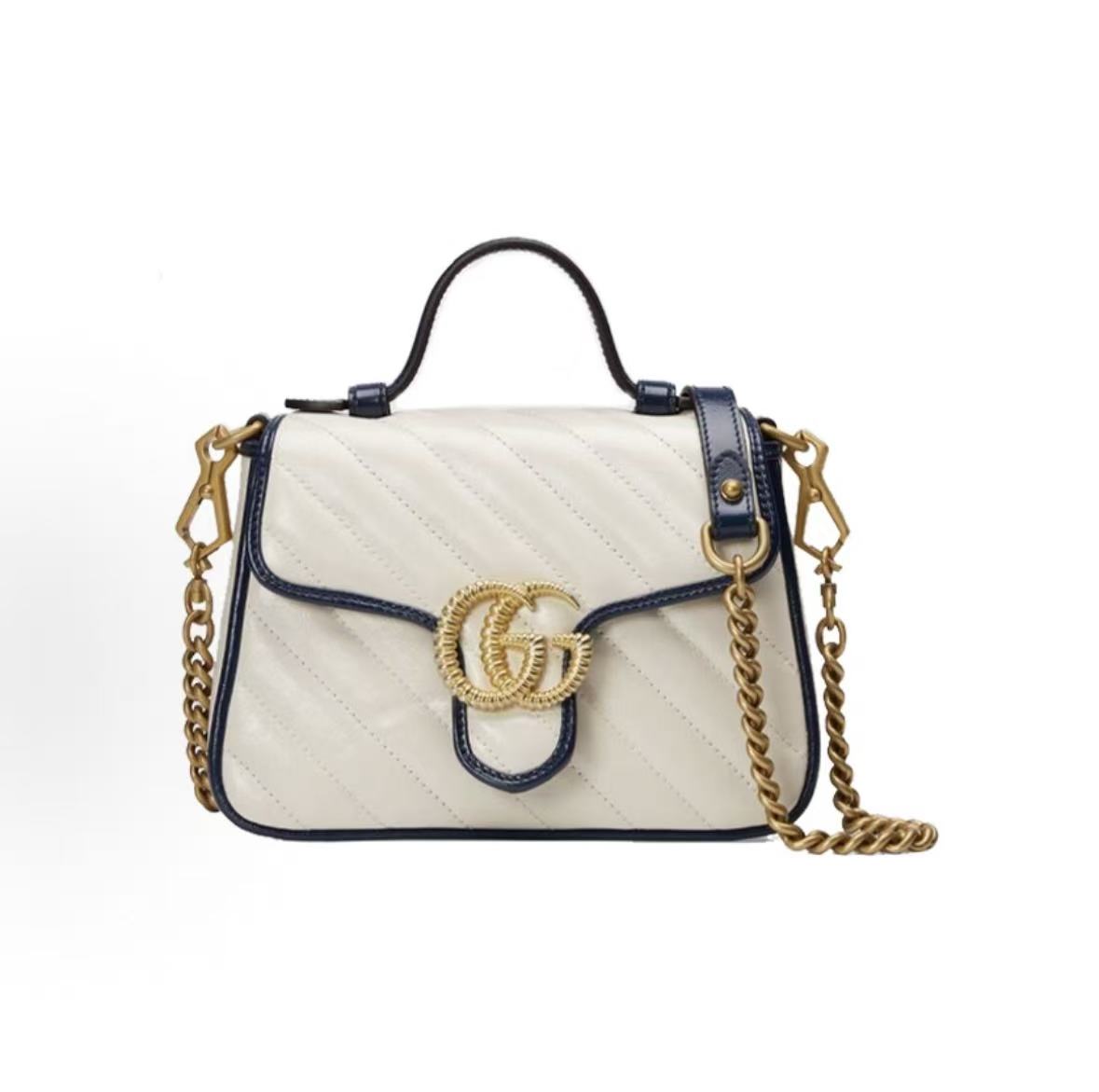 

Gucci Gg Marmont Series Marmont Gold Label Logo Color-Blocked Trim Chain Quilted Leather Messenger Bag Basic+Dust Bag білий/синій