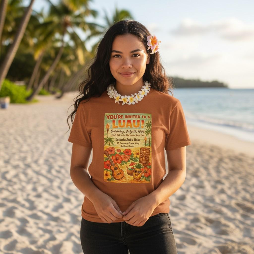 Vintage Luau Invitation Poster T-Shirt | Hawaiian Hibiscus Ukulele Polynesian XL