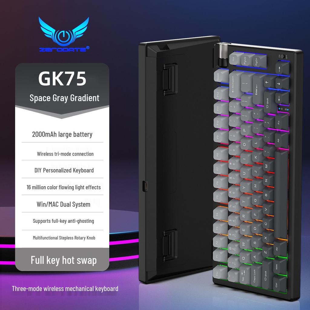 GK75 Wireless Mechanical Keyboard: Three-Mode Bluetooth, RGB Lighting, Blue Switches, Waterproof, for Gaming and Office Use.