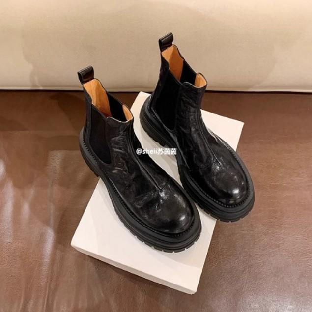 Punkt zweites Haar! Mode vielseitig neu retro Leder runde Spitze dicker Absatz dicksohlige Zigarettenstiefel Chelsea Boots Stiefeletten