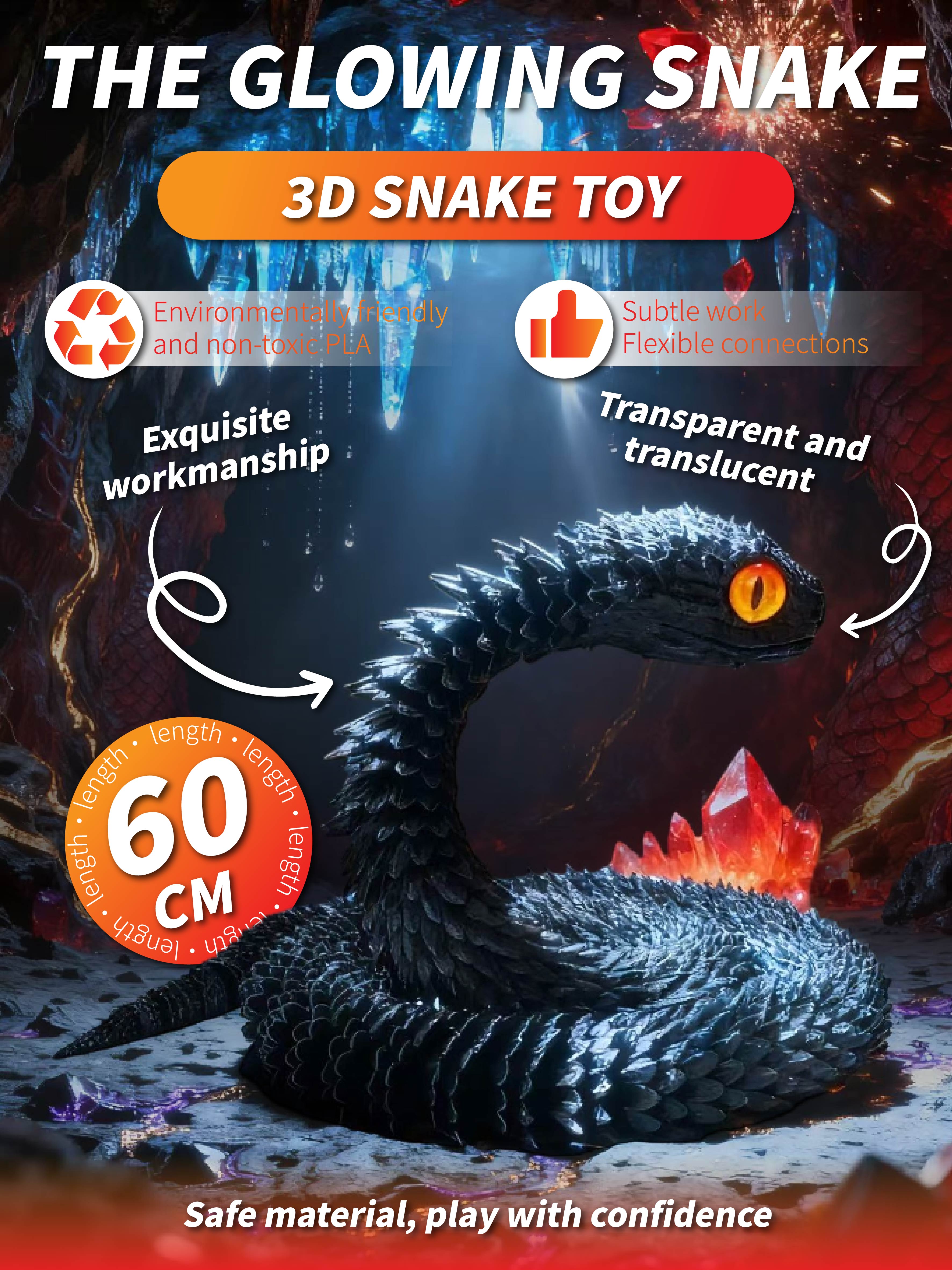 Светящаяся 3D игрушка-змея 60 см: Гибкая полупрозрачная фигурка рептилии из PLA для детей и коллекционеров чёрный