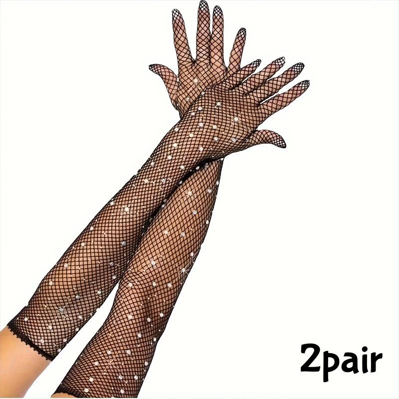 2/1 Paar Strass-Fischernetz-Langfingerhandschuhe Sexy Dehnbar Hohlhandschuhe für Hochzeiten Bankette Nachtclubs Festival-Partys Foto-Requisiten