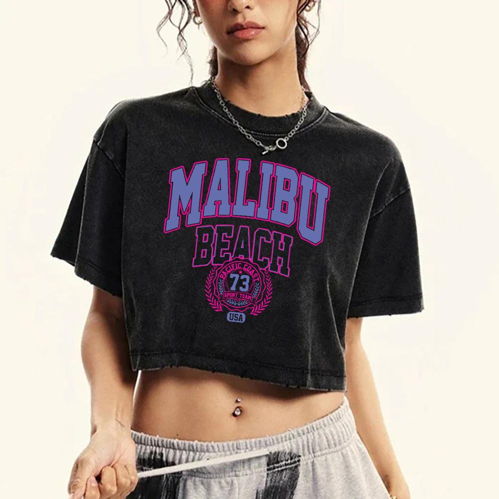 Retro Malibu Beach Art Letter Printed Women Crop Washed T-Shirt Cotton O-Neck T Shirts Street Clothes Slim Short Sleeve