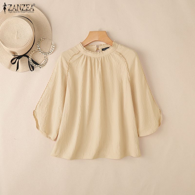 ZANZEA Women Casual Round Neck Solid Color 3/4 Sleeve Blouse