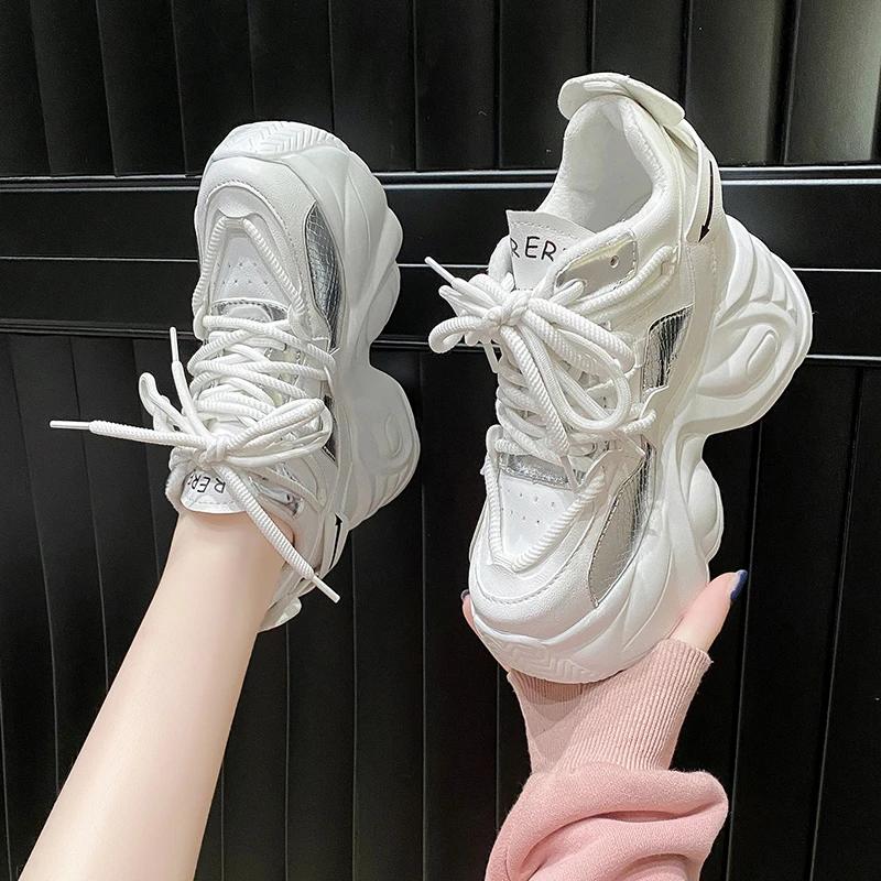 9.5CM High Heels Autumn New Chunky Sneakers for Women Platform Sports Breathable Mesh Shoes Woman Lace-up Thick Bottom Dad Shoes