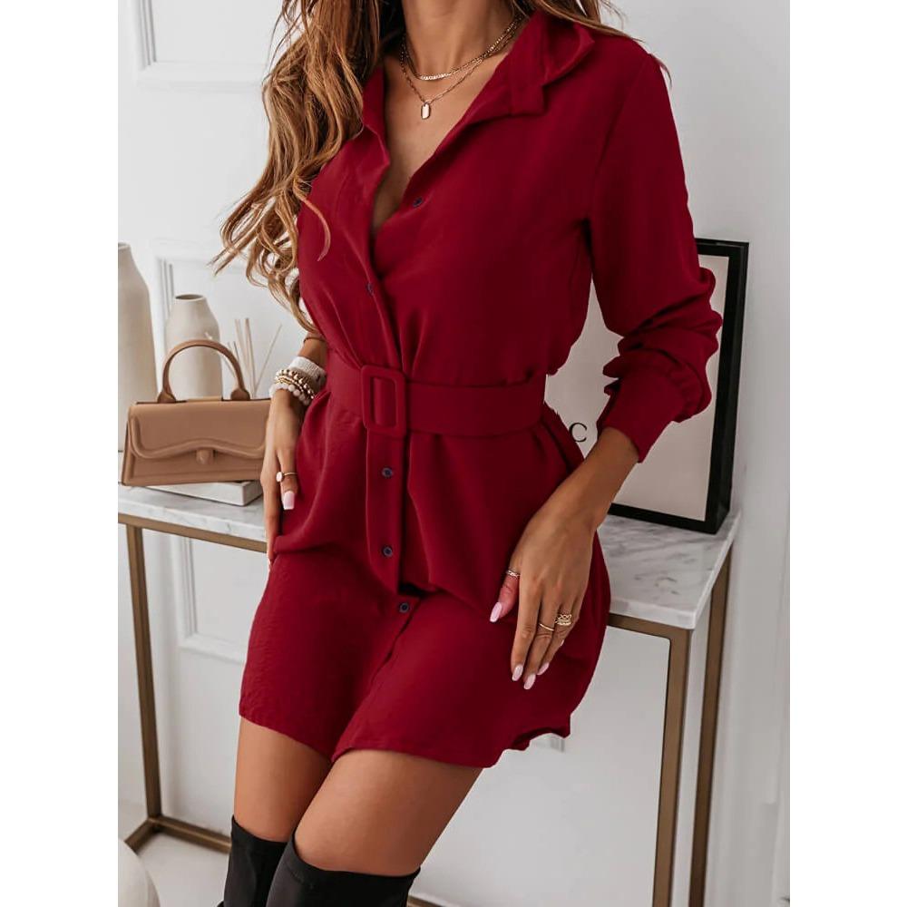 Abito Elegante e Aderente a Maniche Lunghe con Bavero, Cintura Monopetto per Autunno e Inverno