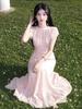 French Gentle Wind Pink Short Sleeve Dress 2026 Giant Good-looking Holiday Style Temperament Waist Long Skirt