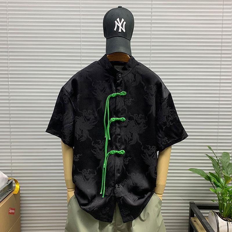 

Рубашка на пуговицах со стойкой, с короткими рукавами, мужская, в стиле ретро, свободный топ 4XL чёрный