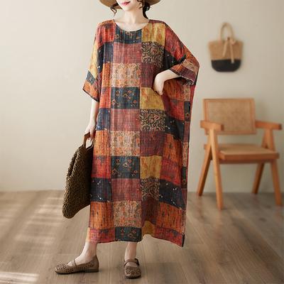 DIMANAF New 2025 Summer Dress Short Sleeve Linen Casual Loose Women Vintage Printing Plus Size Dress O-Neck Dress Maxi
