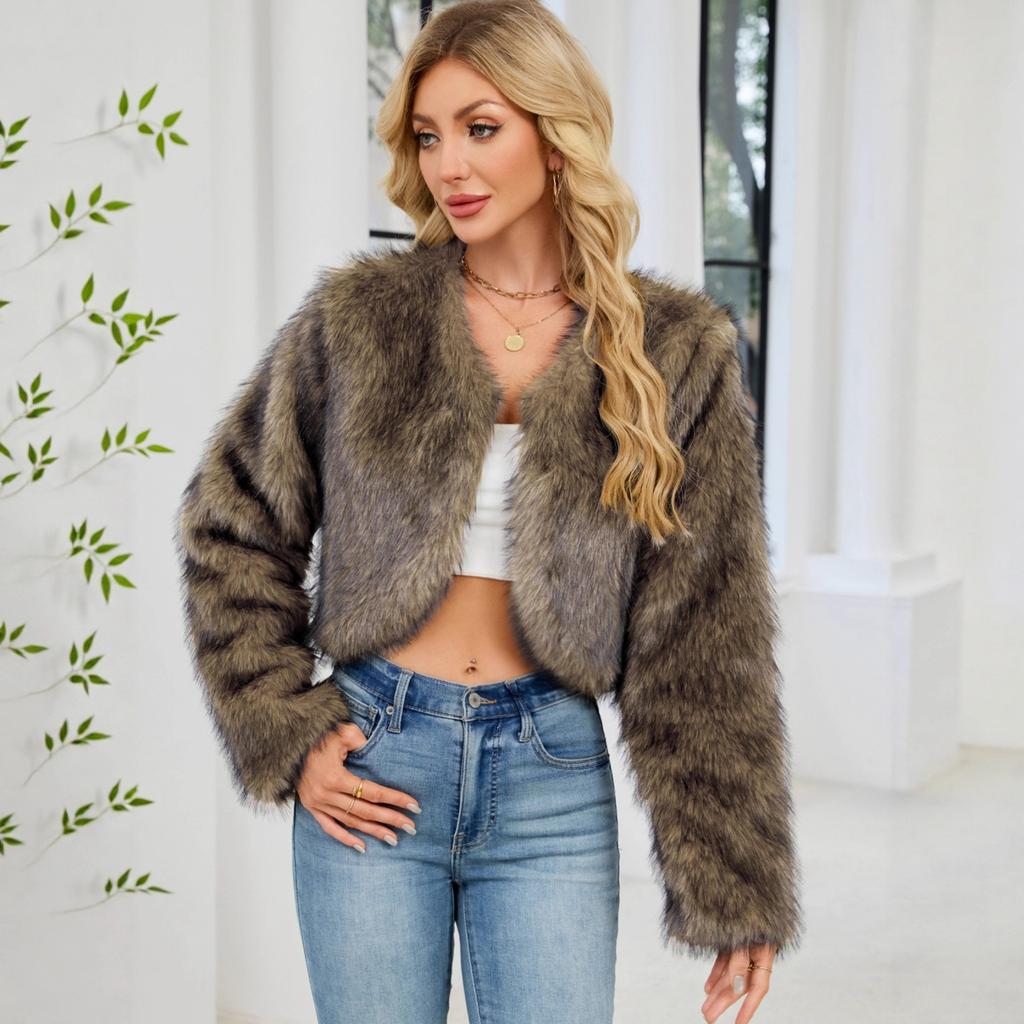 Fashionable Women's Plush Short Jacket Fauxsuit Collar