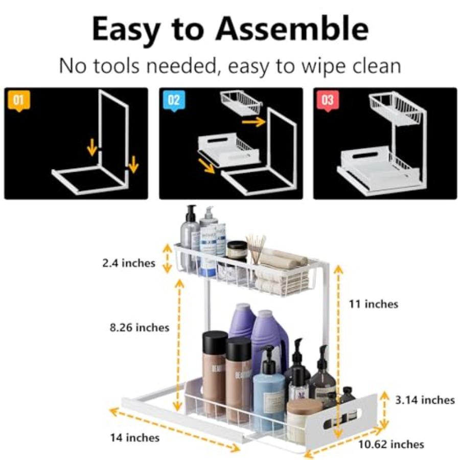 Under Sink Organizers and Storage 2 Tier Slide Out Kitchen Cabinet Organizer Sturdy Metal Bathroom Storage White 2 Pack
