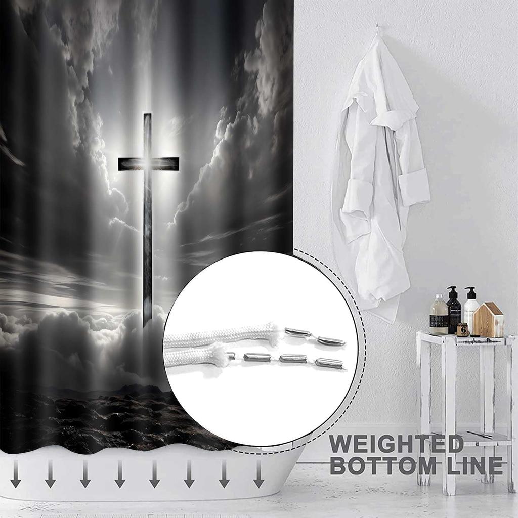 Cross Shower Curtain, 72x72inch, Crucifix Bathroom Shower Curta Easter Jesus Bathroom Curta Decor Set with 12 Hooks YLMRTP0611