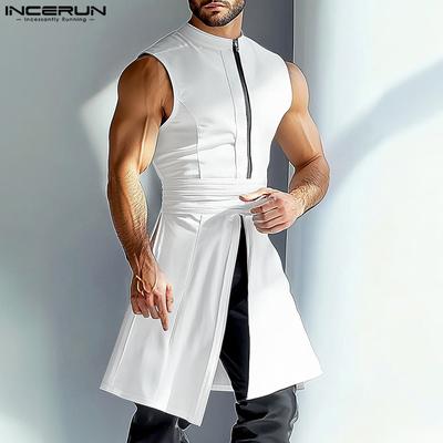 Men Summer Stand Neck Sleeveless Zip-up Casual Splits Long Tanks