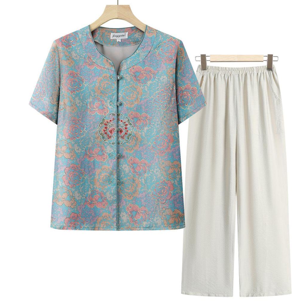 Mom's Chinese Style Summer Top Set: Short-Sleeved Shirt & Two-Piece Outfit for Middle-Aged and Elderly Women