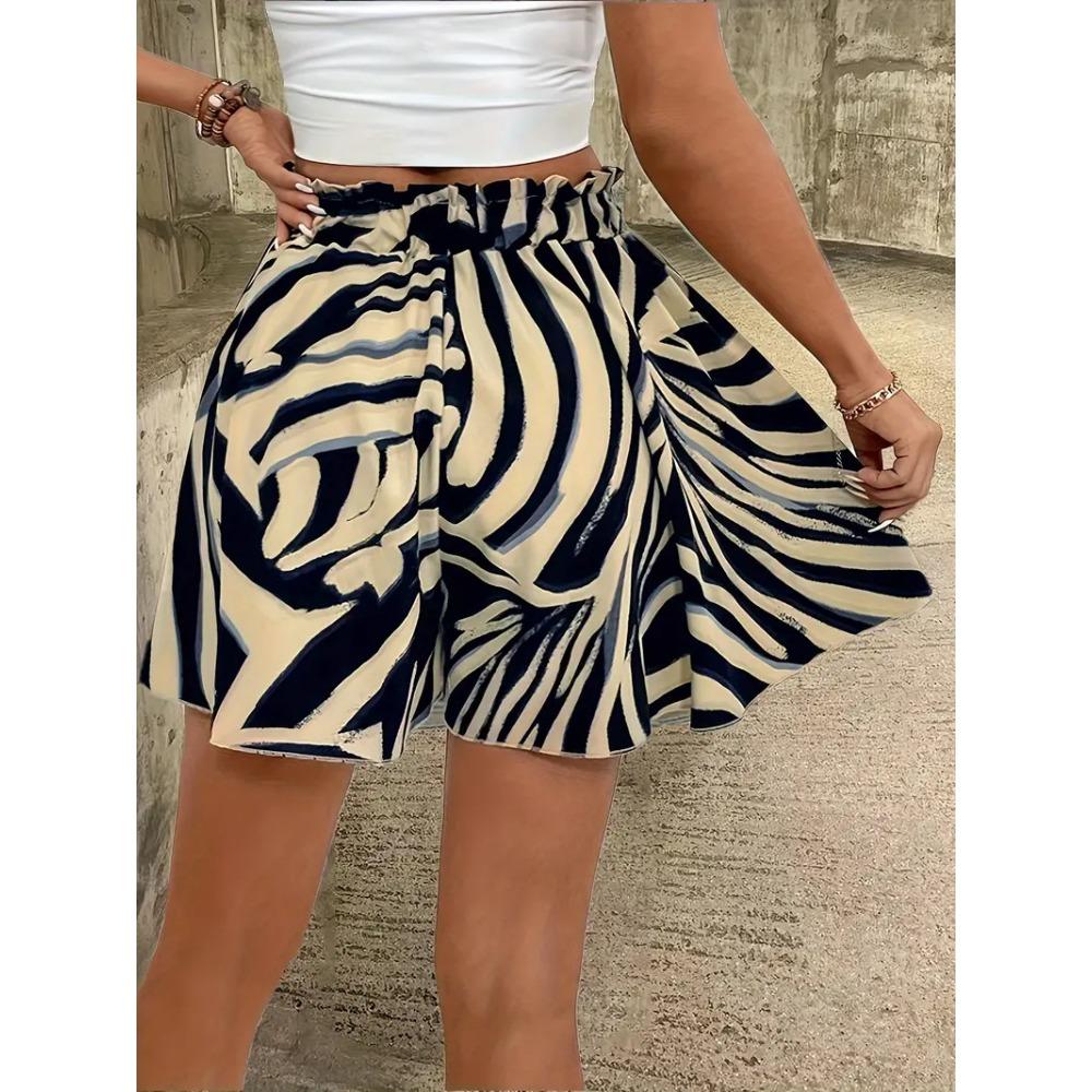 Women's Summer Printed Wide-Leg Lace-Up Shorts, Fashionable and Elegant Vacation Beach Skirt Women's Beach Vacation Printed Mini Skirt