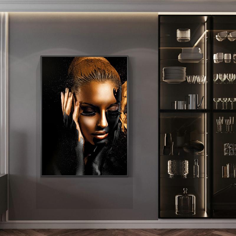 Goldenes schwarzes Leinwand-Poster, nackte afrikanische Frau, Ölgemälde, Wandkunst, Poster und Drucke, Wandbilder für Wohnzimmer, Heimdekoration