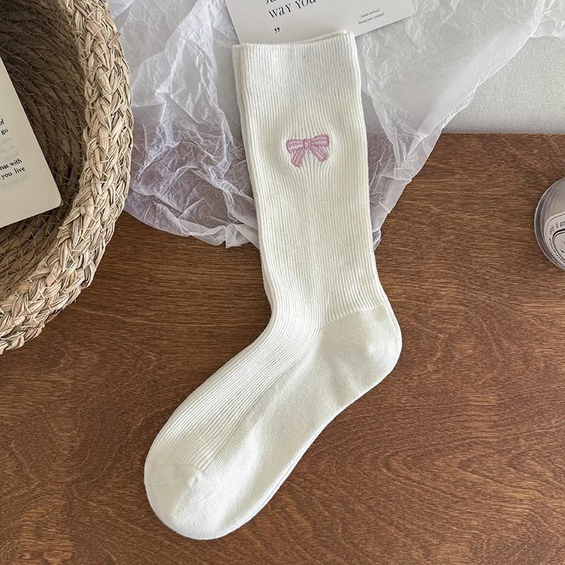 Embroidered Bow Socks Stacking Socks Season Pure Cotton Boneless Double Needle Cute Cotton Medium Tube Socks Women