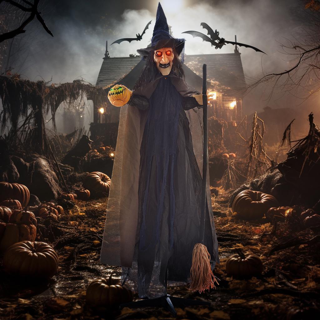 Bruxa de 1,88m com Vassoura Halloween Animatrônica, com Olhos Brilhantes