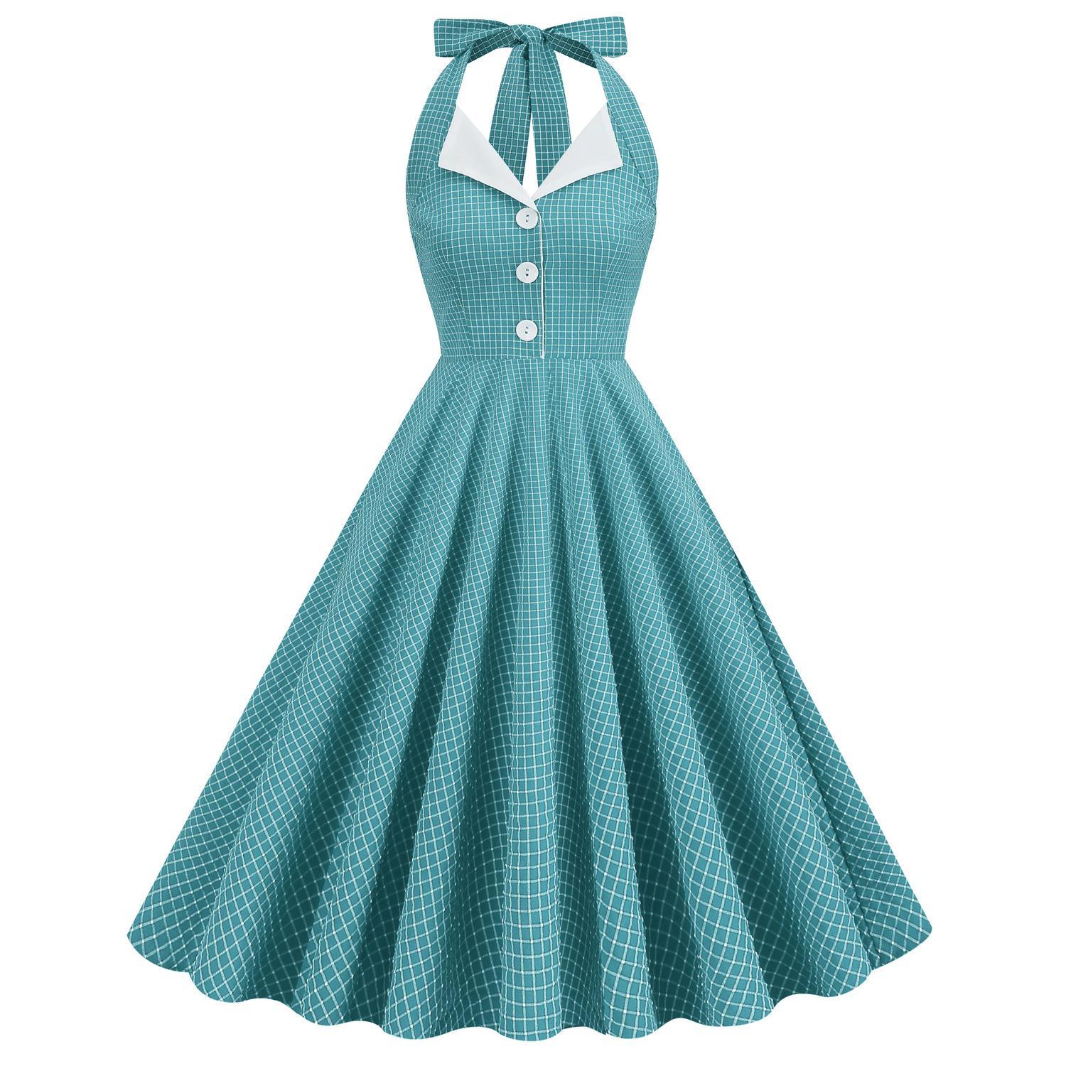 Checked colour-blocked lapel halter-neck flared dress: Hepburn-style bridesmaid cocktail dress S