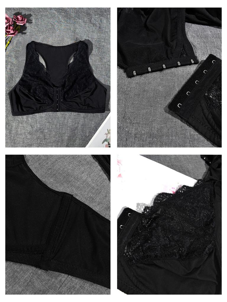 2024 Cross-border Plus Size Lace Bra: Wire-free, Breathable, Front Buckle, Comfortable Strappy Underwear for Breast Enhancement