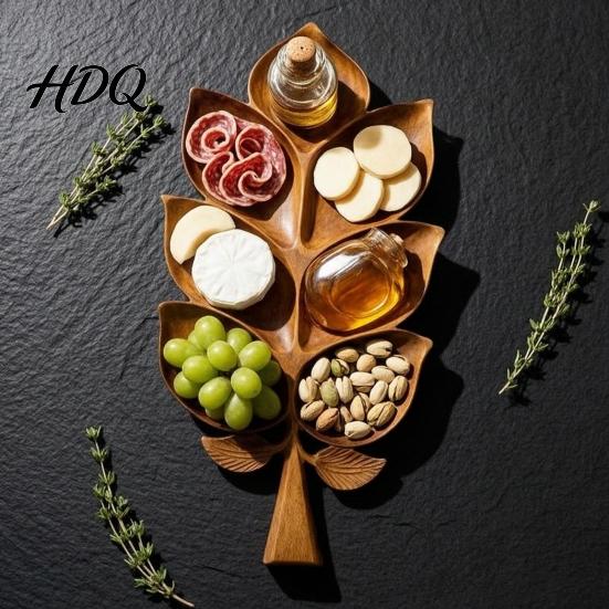 Natural Grain Wood Serving Piece Wooden Leaf Tray 7 Compartment Snack Platter Dry Fruit & Nuts Rustic Farmhouse Home Decor Dish Decorative