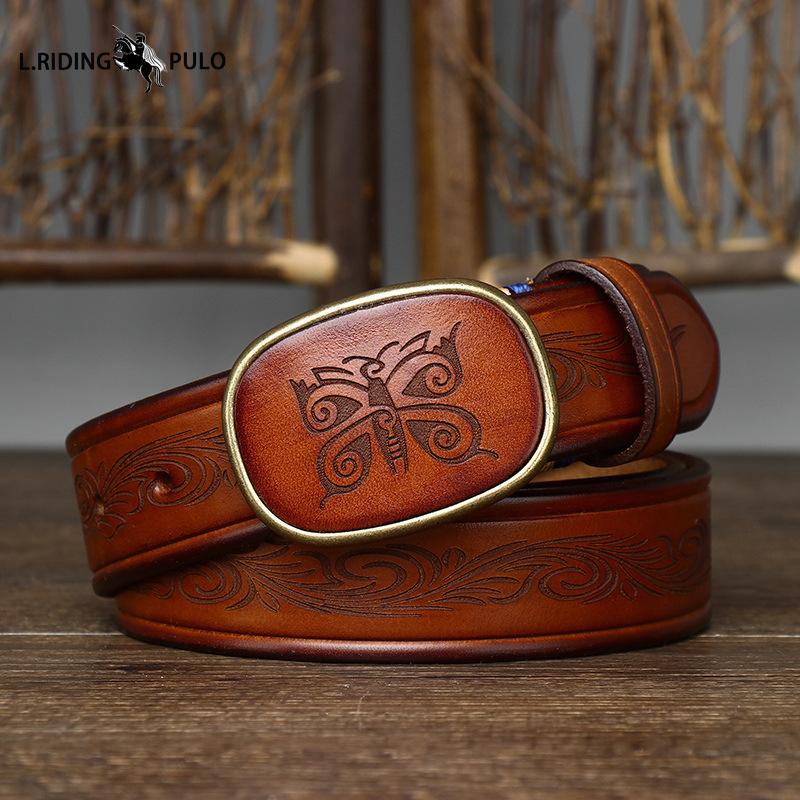 Retro All-match Laser Engraved Pattern Trendy Smooth Buckle Belt Men's Buckle Genuine Leather Casual Belt