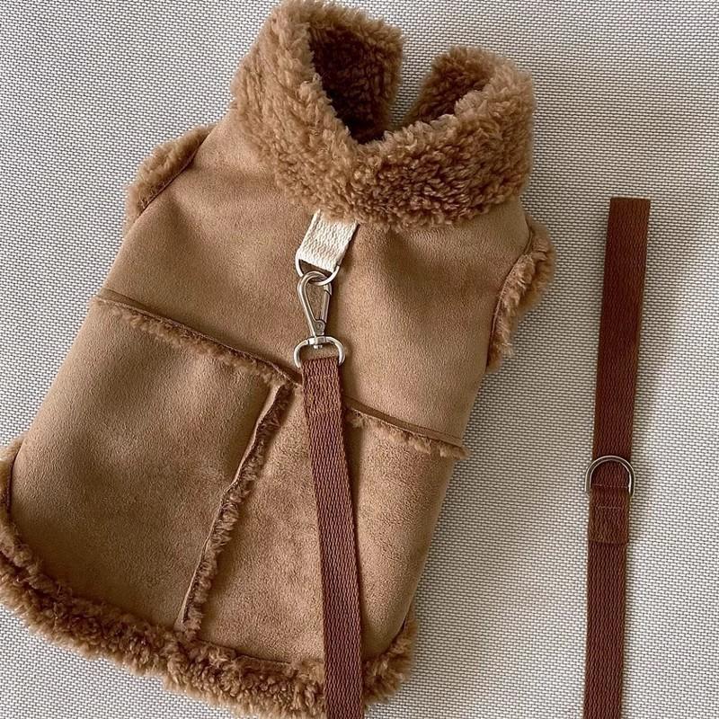 Brown Suede-Like Dog Vest Small Breeds Like Bichon Frise Teddy Warm Winter Coat With Leash Attachment