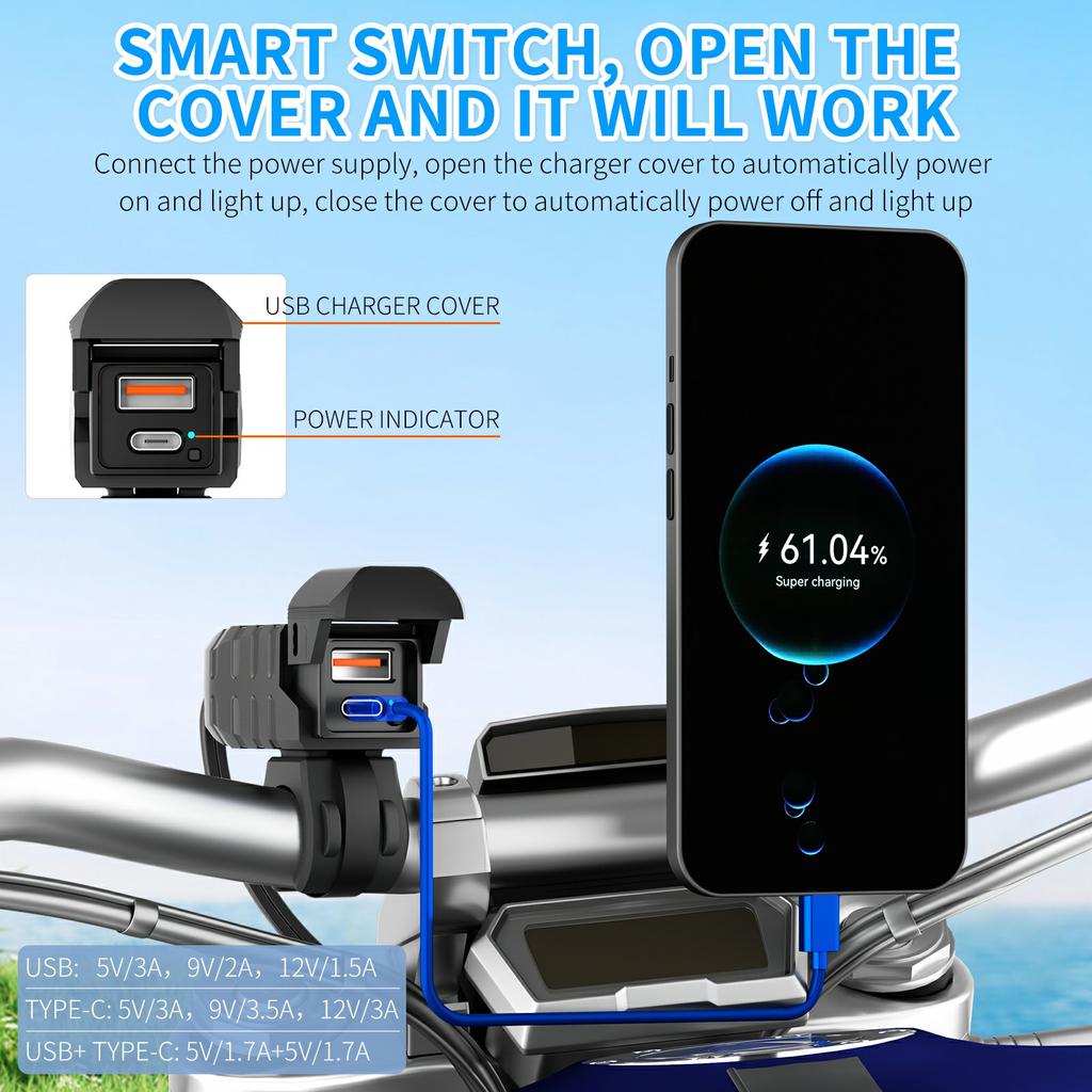 WUPP CS-2100A1 USB A+Type C Dual Port Fast Charging Motorcycle Phone Charger with LED Voltmeter